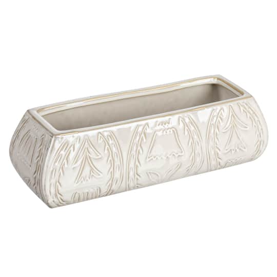 10&#x22; White Stoneware Planter with Etched Flower Design
